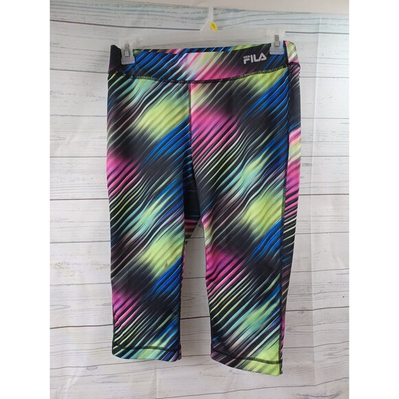 Fila Sport Performance Running Mid Rise Capri Leggings M Neon Multicolor Rainbow - Picture 1 of 7